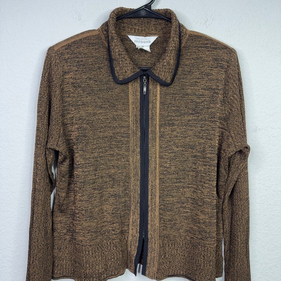 Exclusively Misook Cardigan Sweater Womens M Brown Black Knit Zip Minimalist - Picture 3 of 8